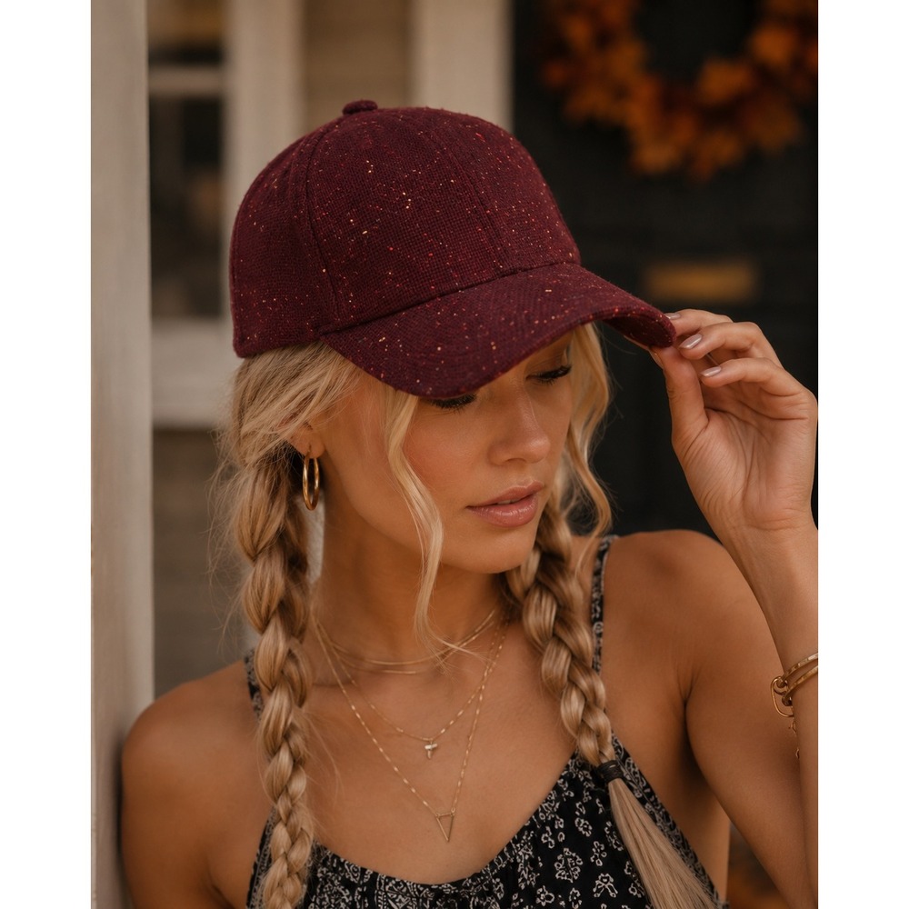 Tweed Wool Blend Adjustable Baseball Cap One Size Maroon Dark Red - Picture 1 of 6